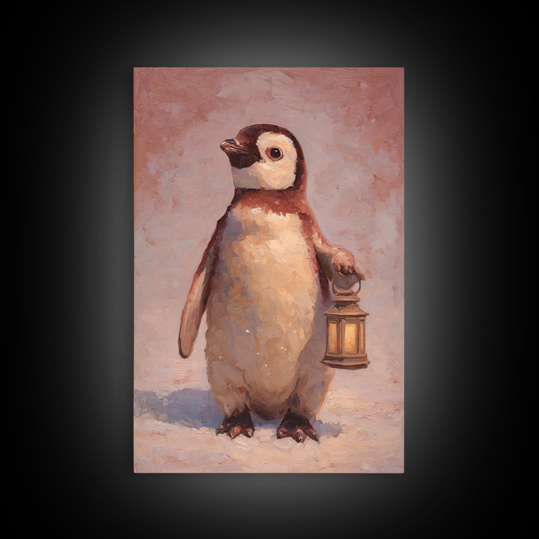 Penguin Holding a Lantern Framed Canvas Print, Whimsical Art, Oil Painting, Living Room Decor, Wonder, Dark Academia Decor, WHI-2x3-1