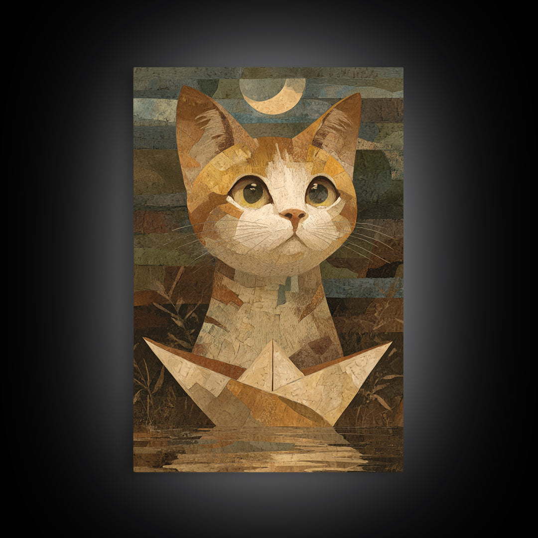 Cat Sailing a Paper Boat Canvas Print, Whimsical Art, Contemporary Art, Living Room Decor, Fine Art, Wonder, Art Nouveau, WHI-2x3-10