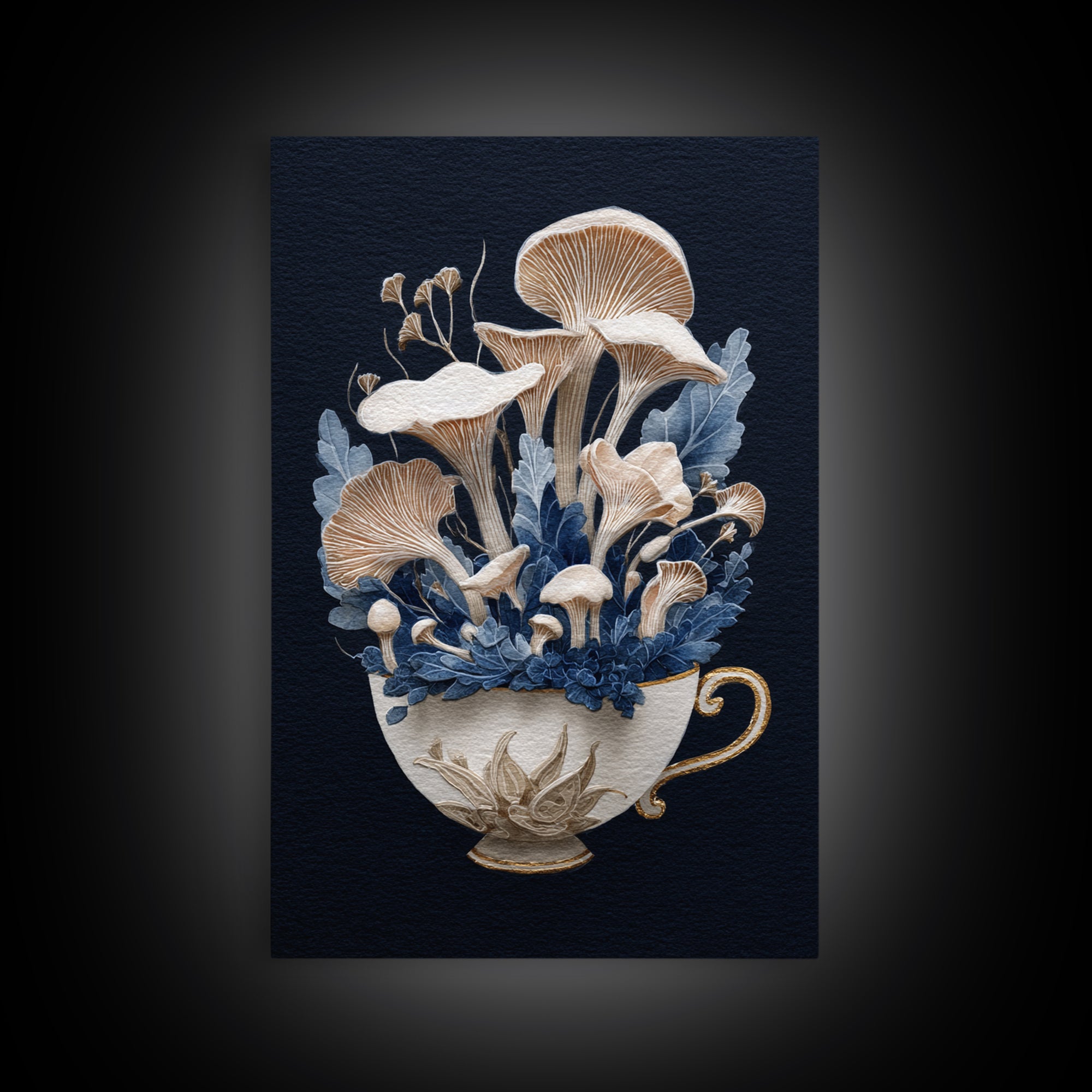 Teacup Garden with Tiny Mushrooms Framed Canvas Print, Whimsical Art, Printable Wall Art, Living Room Decor, Fine Art, Wonder, WHI-2x3-12