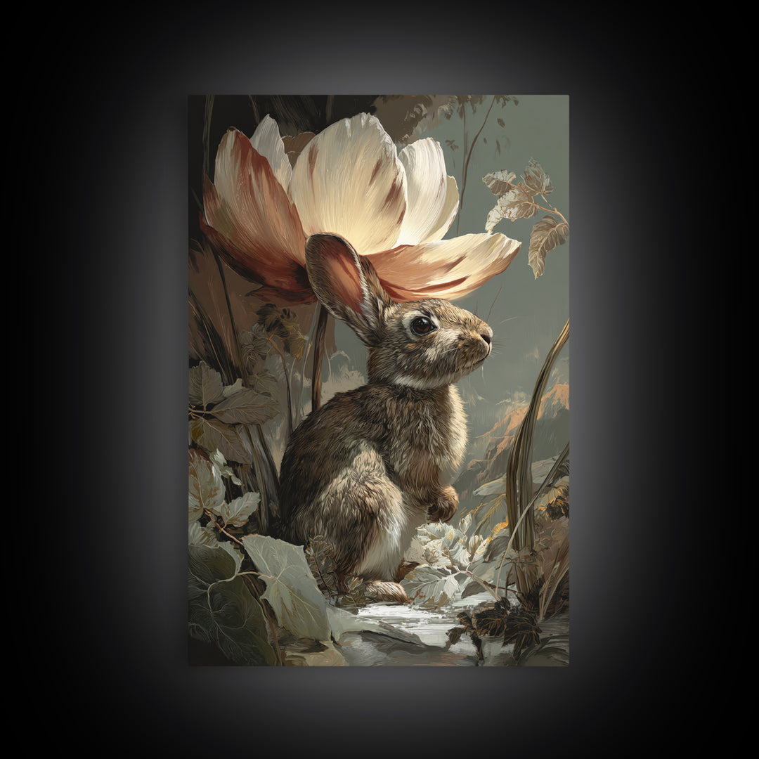 Rabbit Reading Beneath a Giant Flower Framed Canvas Print, Whimsical Art, Nursery Wall Art, Living Room Decor, Fine Art, Wonder, WHI-2x3-13