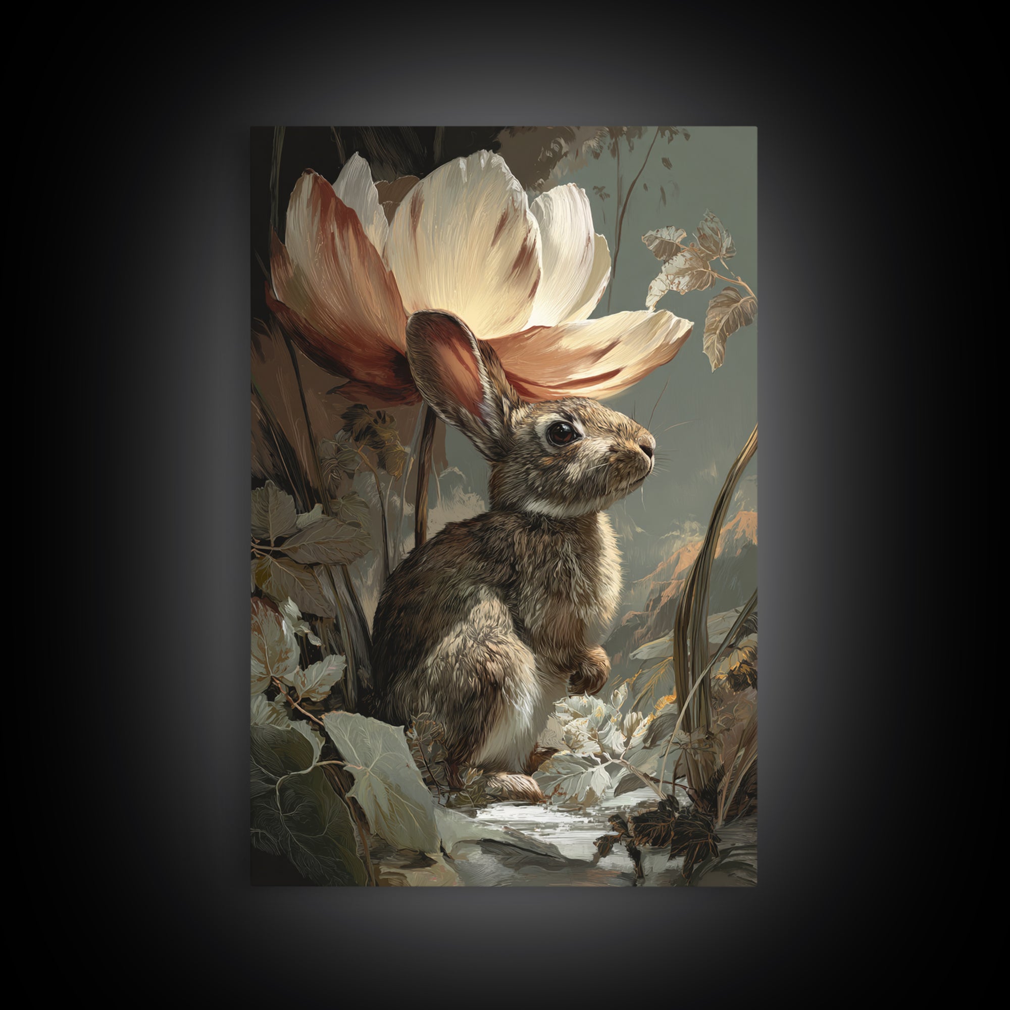 Rabbit Reading Beneath a Giant Flower Framed Canvas Print, Whimsical Art, Nursery Wall Art, Living Room Decor, Fine Art, Wonder, WHI-2x3-13