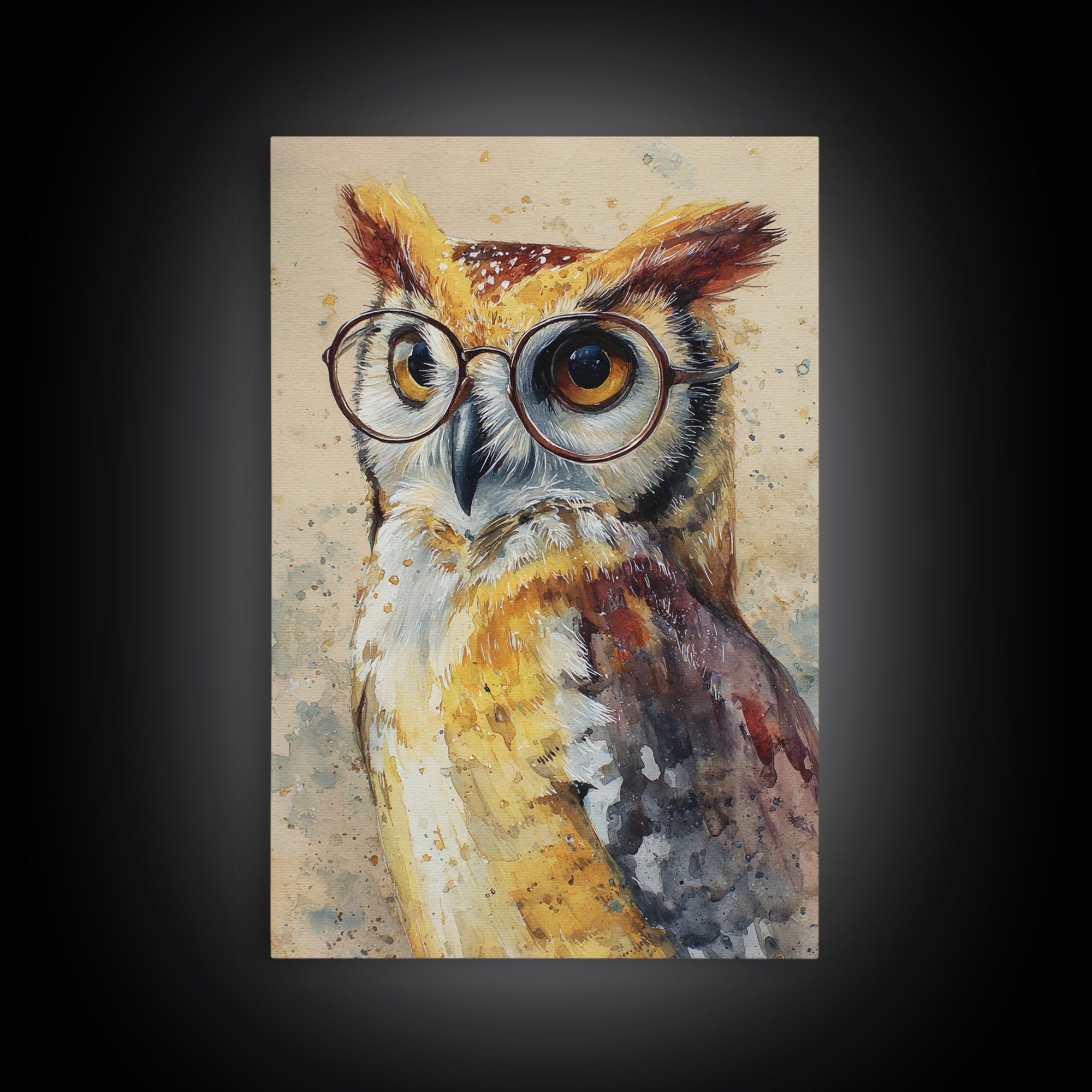 Owl Wearing Spectacles Among Stars Canvas Print, Whimsical Art, Wall Art, Living Room Decor, Oil Painting, Wonder, WHI-2x3-14