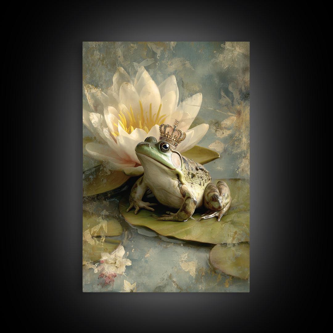 Frog Prince on a Lily Pad Canvas Print, Whimsical Art, Gallery Decor, Living Room Decor, Fine Art, Wonder, Wall Art, Home Decor, WHI-2x3-16