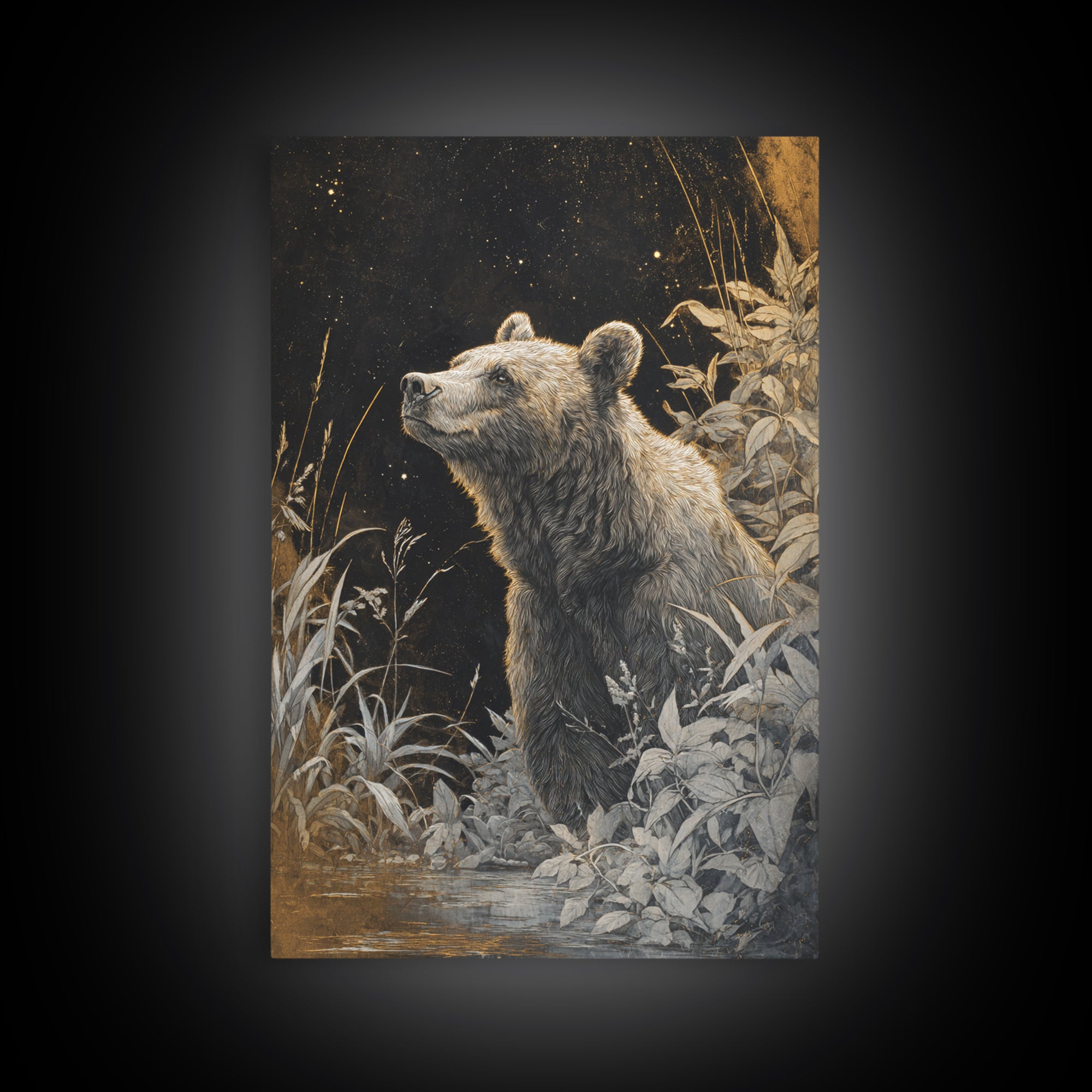 Bear Painting Stars Onto the Night Sky Framed Canvas Print, Whimsical Art, Art Nouveau, Living Room Decor, Abstract Art, Wonder, WHI-2x3-17