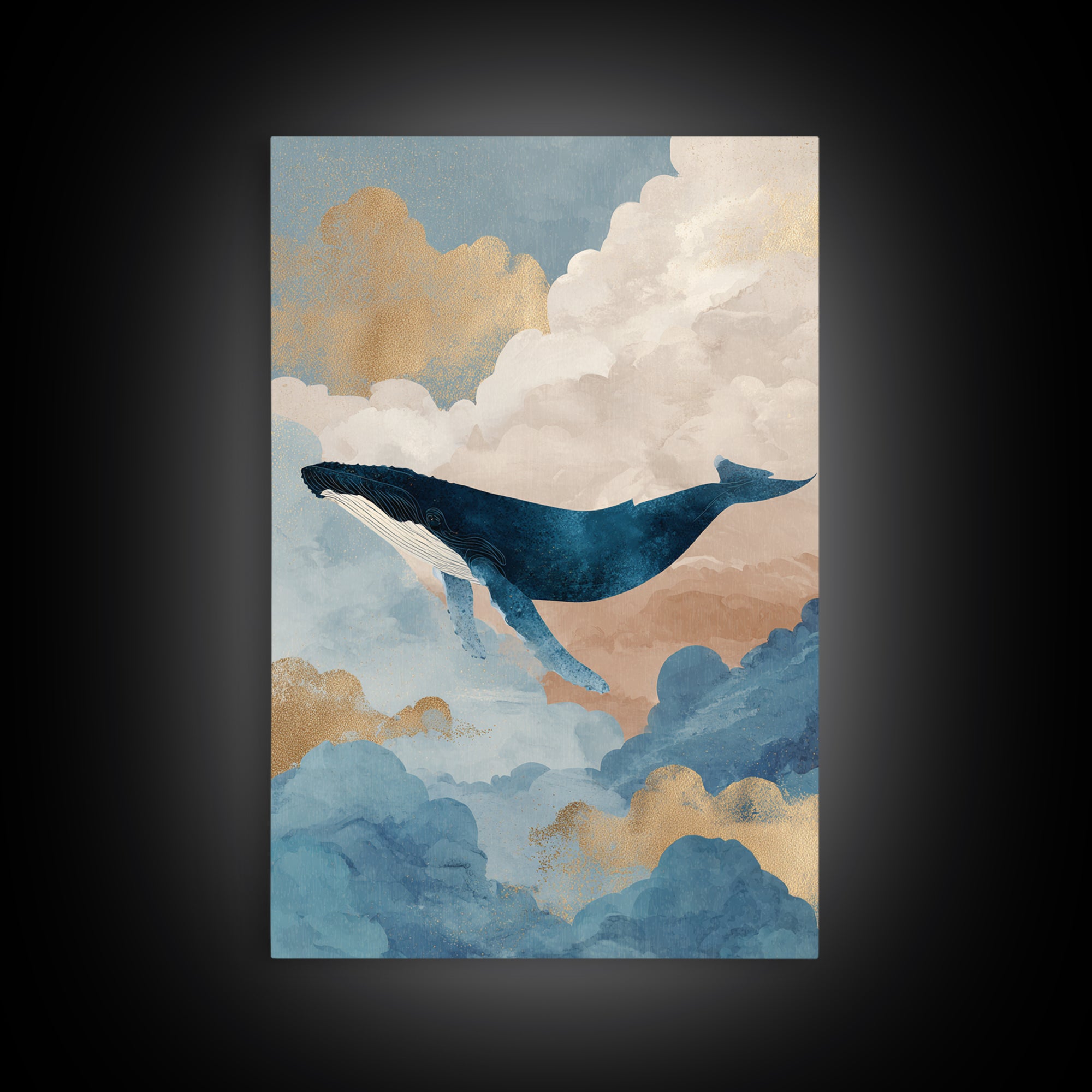 Whale Flying Through Clouds Like Ocean Framed Canvas Print, Whimsical Art, Printable Wall Art, Living Room Decor, Wonder, WHI-2x3-21