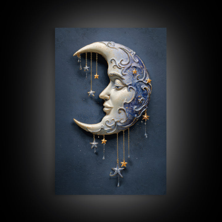 Moon with Sleeping Face and Dangling Stars Framed Canvas Print, Whimsical Art, Modern Decor, Living Room Decor, Wonder, WHI-2x3-24