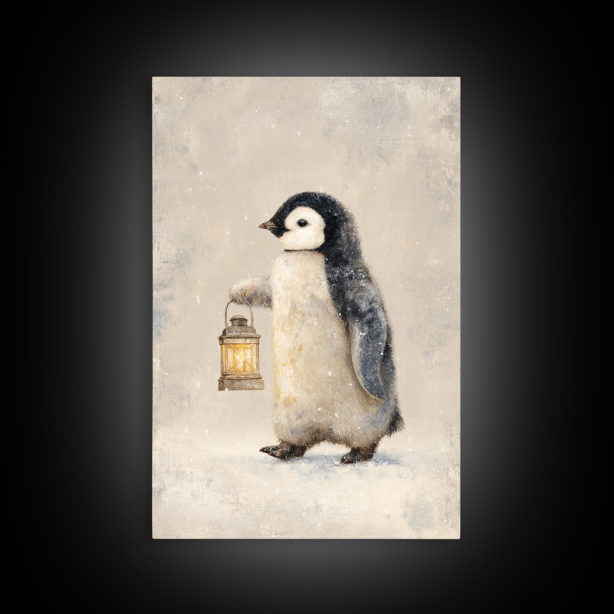 Penguin Holding a Lantern Framed Canvas Print, Whimsical Art, Oil Painting, Living Room Decor, Wonder, Dark Academia Decor, WHI-2x3-25