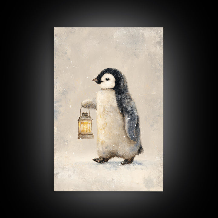 Penguin Holding a Lantern Framed Canvas Print, Whimsical Art, Oil Painting, Living Room Decor, Wonder, Dark Academia Decor, WHI-2x3-25
