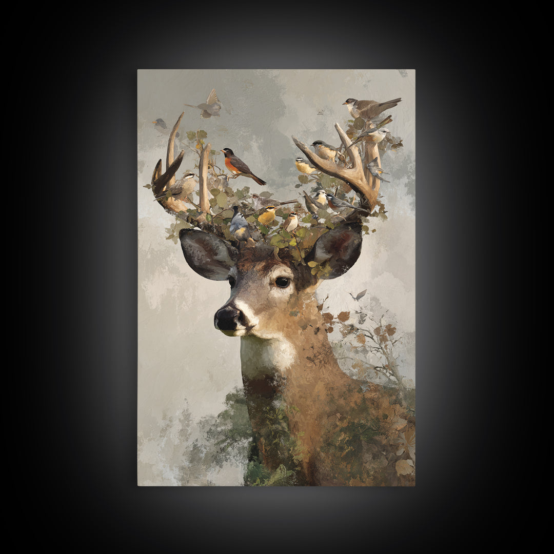 Deer with Antlers Full of Birds Framed Canvas Print, Whimsical Art, Room Decor, Living Room Decor, Wonder, Oil Painting, WHI-2x3-3