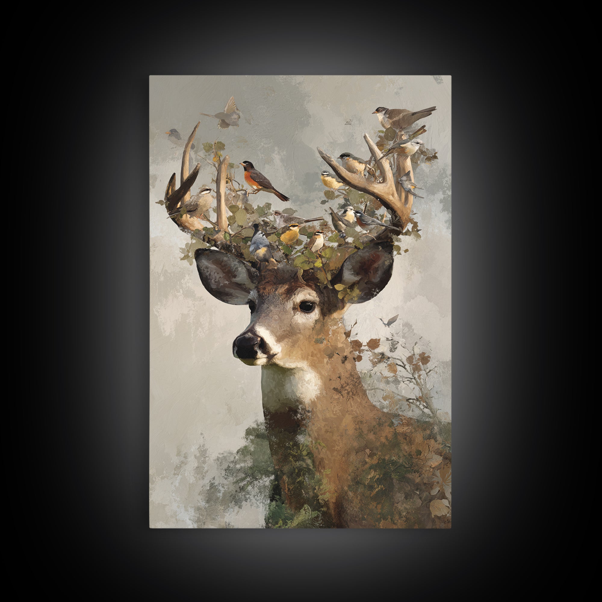 Deer with Antlers Full of Birds Framed Canvas Print, Whimsical Art, Room Decor, Living Room Decor, Wonder, Oil Painting, WHI-2x3-3