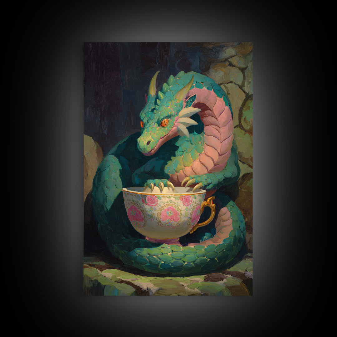 Dragon Curled Around a Teacup Canvas Print, Whimsical Art, Statement Artwork, Living Room Decor, Fine Art, Wonder, Art Print, WHI-2x3-32
