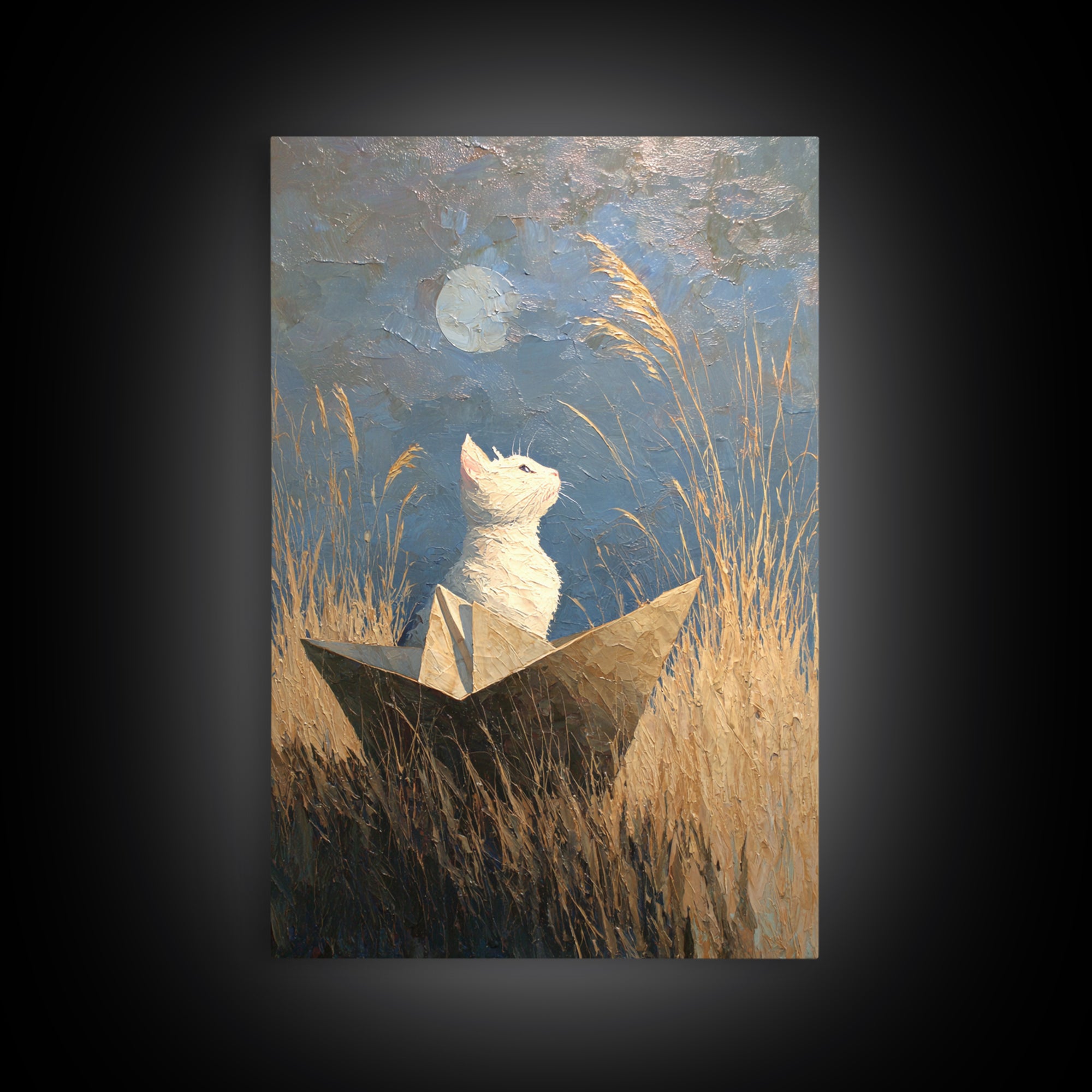 Cat Sailing a Paper Boat Framed Canvas Print, Whimsical Art, Digital Art, Living Room Decor, Fine Art, Wonder, Nursery, WHI-2x3-34
