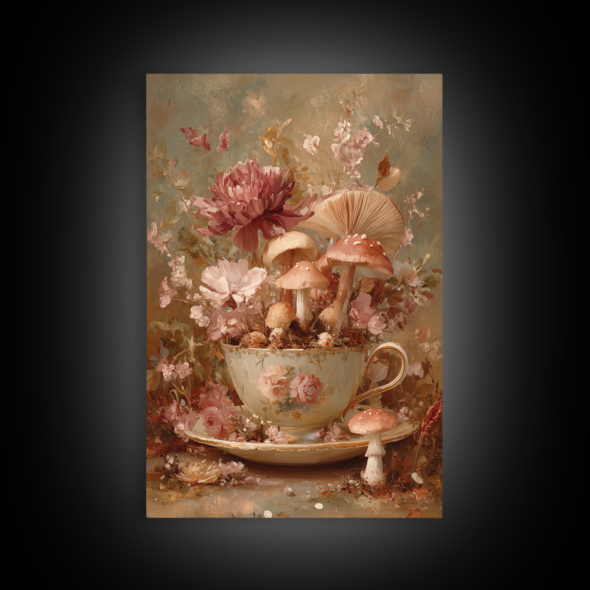 Teacup Garden with Tiny Mushrooms Framed Canvas Print, Whimsical Art, Watercolor Art, Living Room Decor, Fine Art, Wonder, WHI-2x3-36