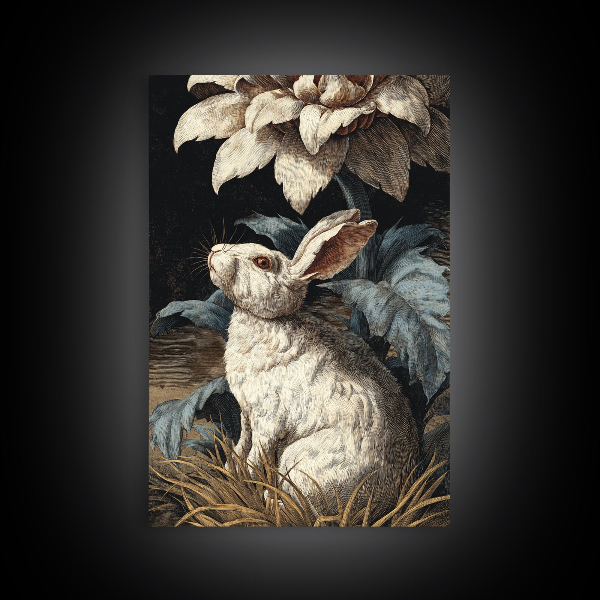 Rabbit Reading Beneath a Giant Flower Framed Canvas Print, Whimsical Art, Nursery Wall Art, Living Room Decor, Fine Art, Wonder, WHI-2x3-37