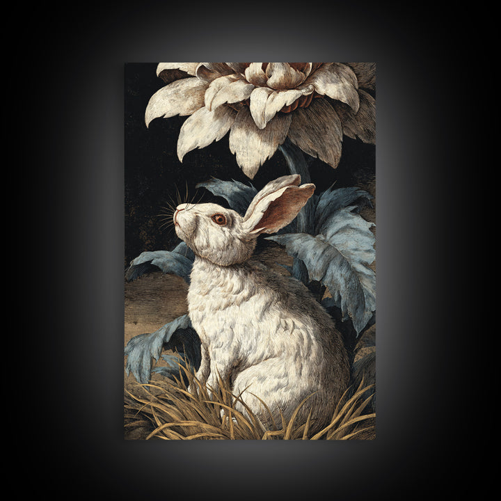 Rabbit Reading Beneath a Giant Flower Framed Canvas Print, Whimsical Art, Nursery Wall Art, Living Room Decor, Fine Art, Wonder, WHI-2x3-37