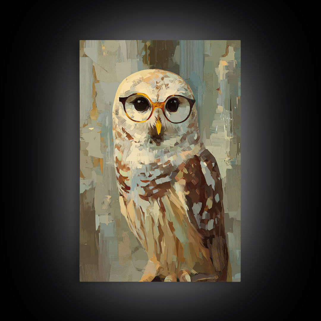 Owl Wearing Spectacles Among Stars Framed Canvas Print, Whimsical Art, Pet Portrait, Living Room Decor, Fine Art, Wonder, WHI-2x3-38