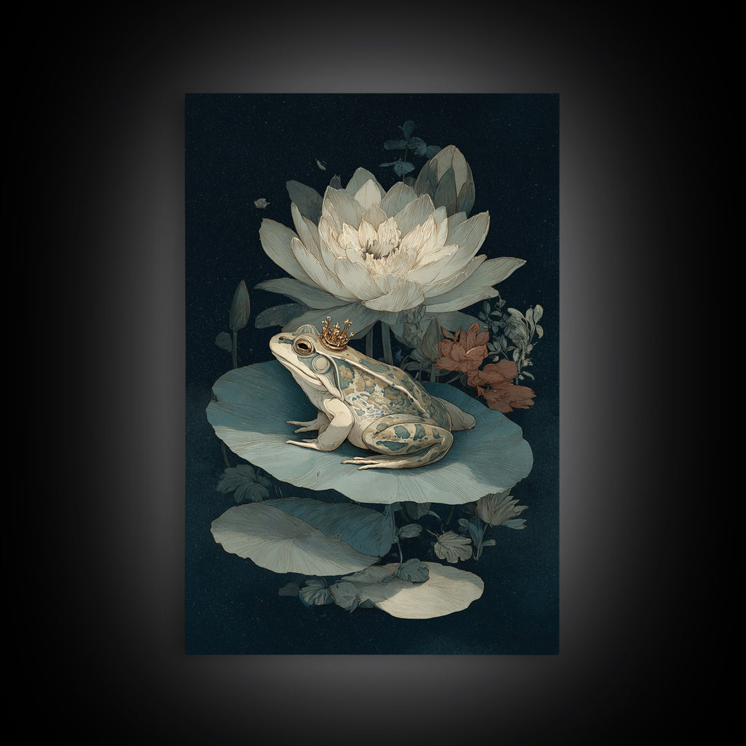 Frog Prince on a Lily Pad Canvas Print, Whimsical Art, Contemporary Art, Living Room Decor, Fine Art, Wonder, Art Nouveau, WHI-2x3-40