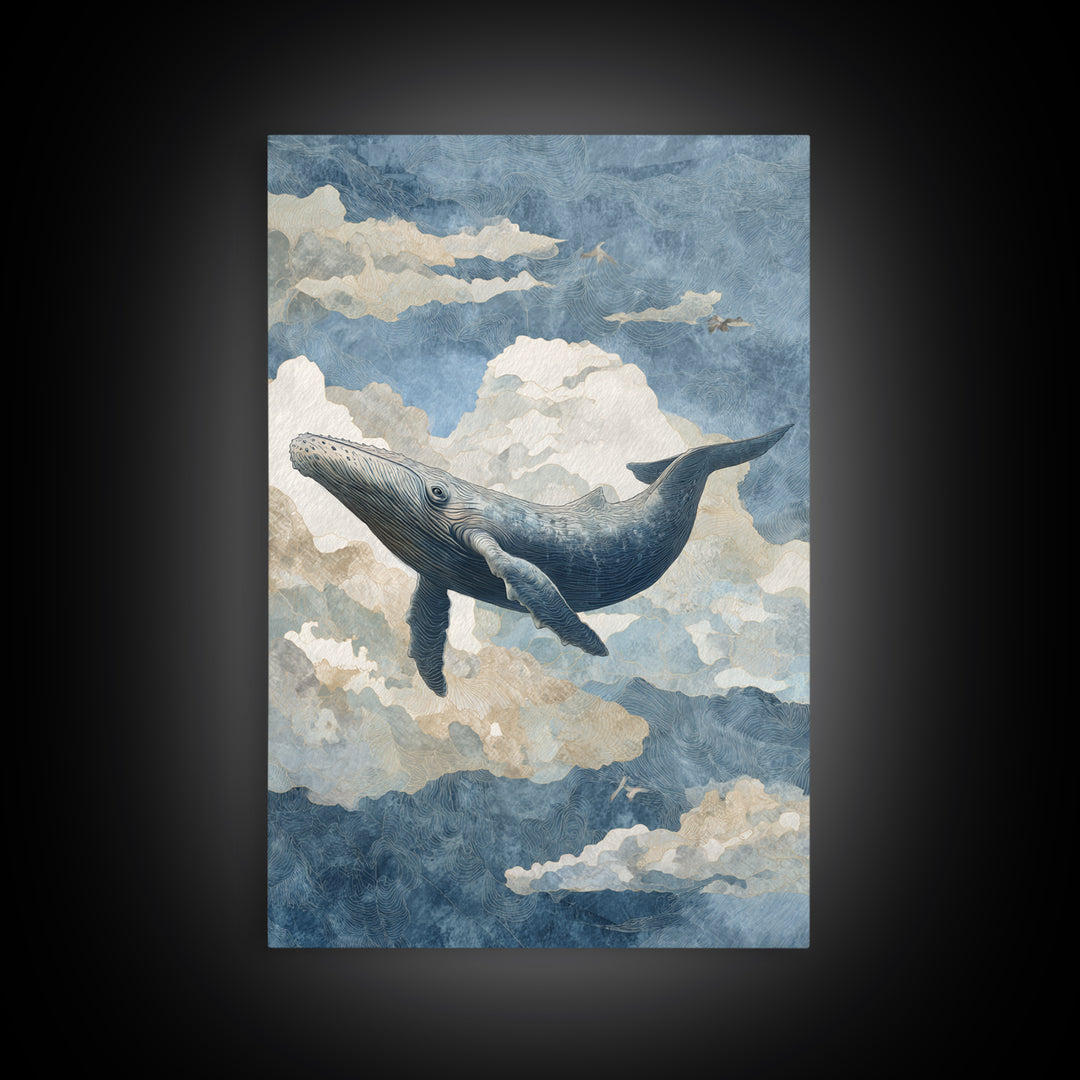 Whale Flying Through Clouds Like Ocean Canvas Print, Whimsical Art, Framed Wall Art, Living Room Decor, Oil Painting, Wonder, WHI-2x3-45