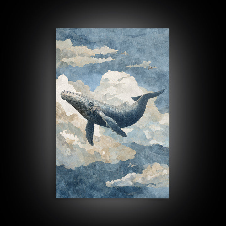 Whale Flying Through Clouds Like Ocean Canvas Print, Whimsical Art, Framed Wall Art, Living Room Decor, Oil Painting, Wonder, WHI-2x3-45