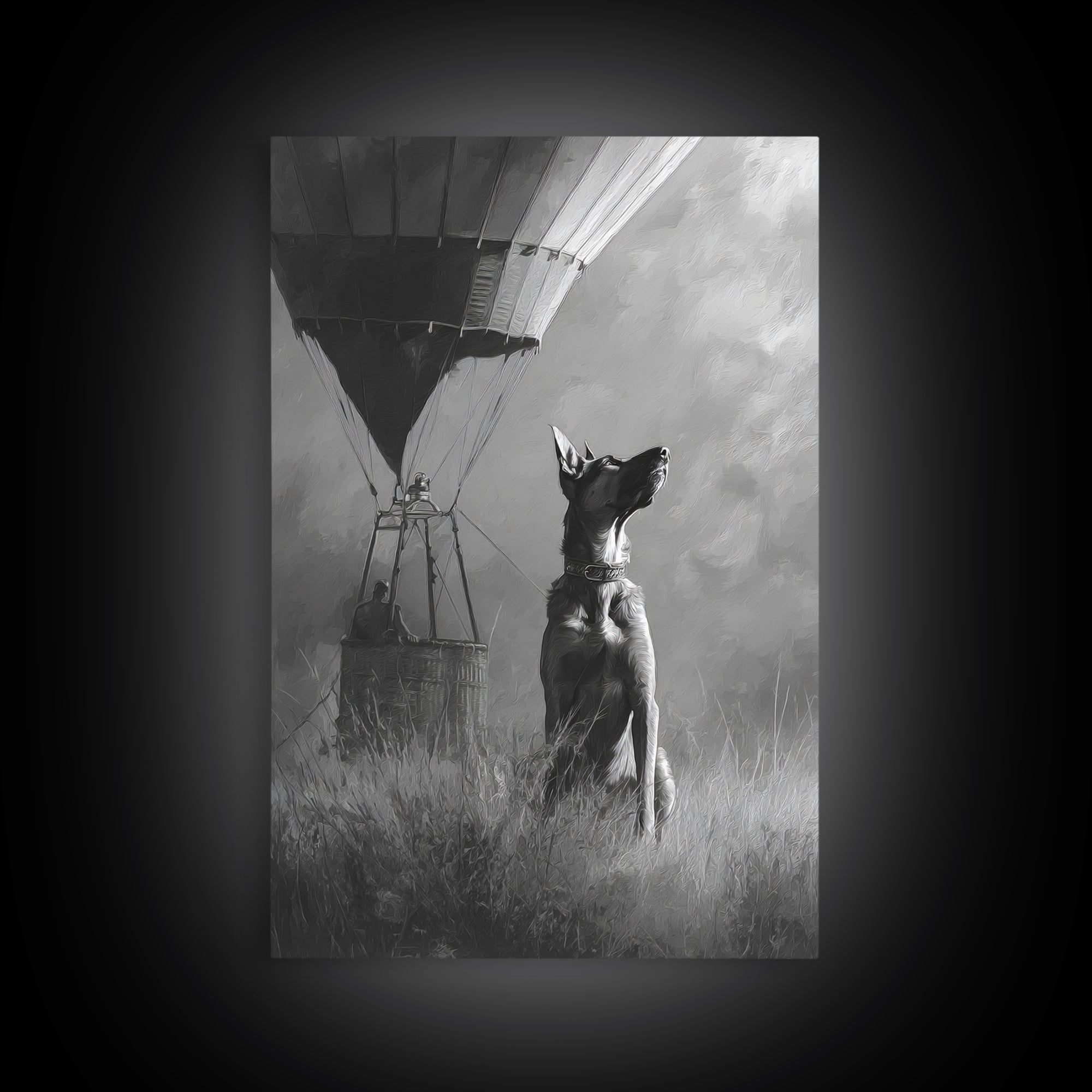 Dog in a Hot Air Balloon Framed Canvas Print, Whimsical Art, Wall Decor, Living Room Decor, Fine Art, Wonder, Printable Art, WHI-2x3-46