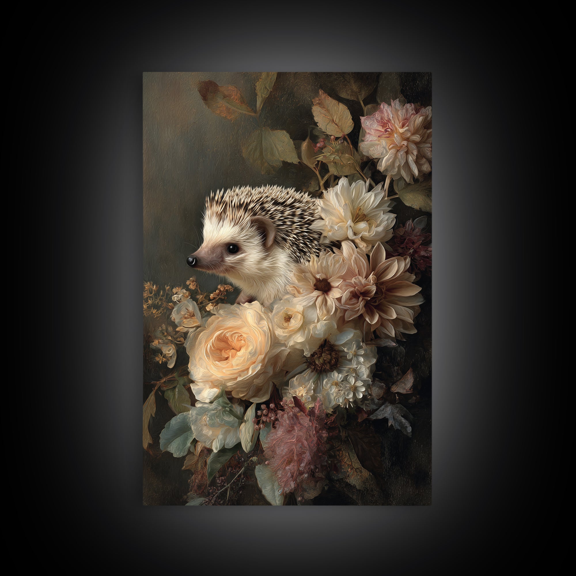 Hedgehog Carrying Wildflowers Framed Canvas Print, Whimsical Art, Art Nouveau, Living Room Decor, Wonder, Nursery Wall Decor, WHI-2x3-47