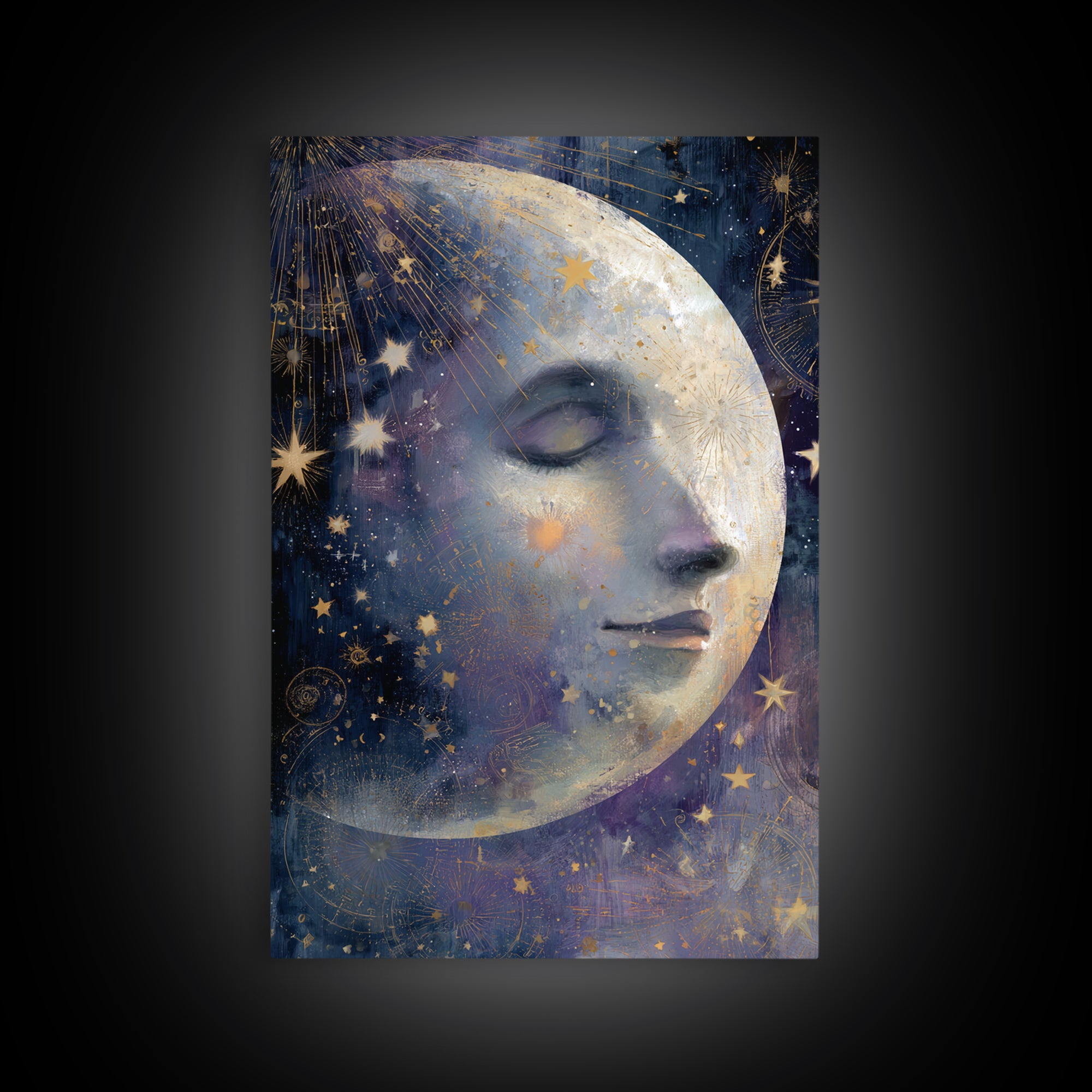 Moon with Sleeping Face and Dangling Stars Framed Canvas Print, Whimsical Art, Home Decor, Living Room Decor, Fine Art, Wonder, WHI-2x3-48
