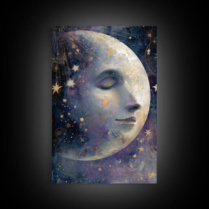 Moon with Sleeping Face and Dangling Stars Framed Canvas Print, Whimsical Art, Home Decor, Living Room Decor, Fine Art, Wonder, WHI-2x3-48