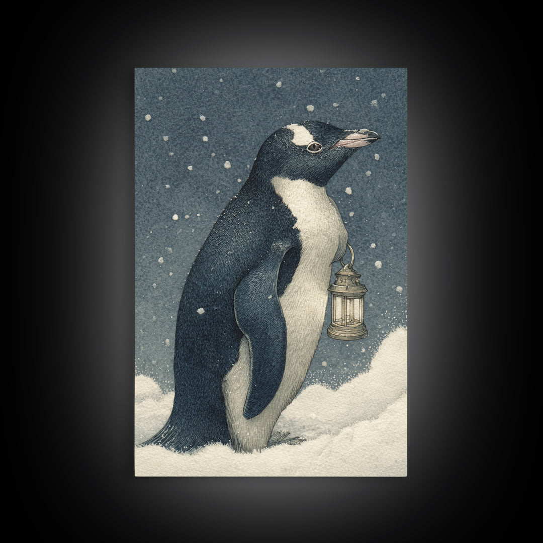 Penguin Holding a Lantern Canvas Print, Whimsical Art, Digital Print, Living Room Decor, Wonder, Bird Art, Nursery Art, WHI-2x3-49