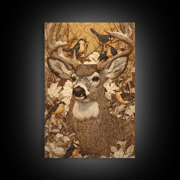 Deer with Antlers Full of Birds Framed Canvas Print, Whimsical Art, Printable Wall Art, Living Room Decor, Oil Painting, Wonder, WHI-2x3-51