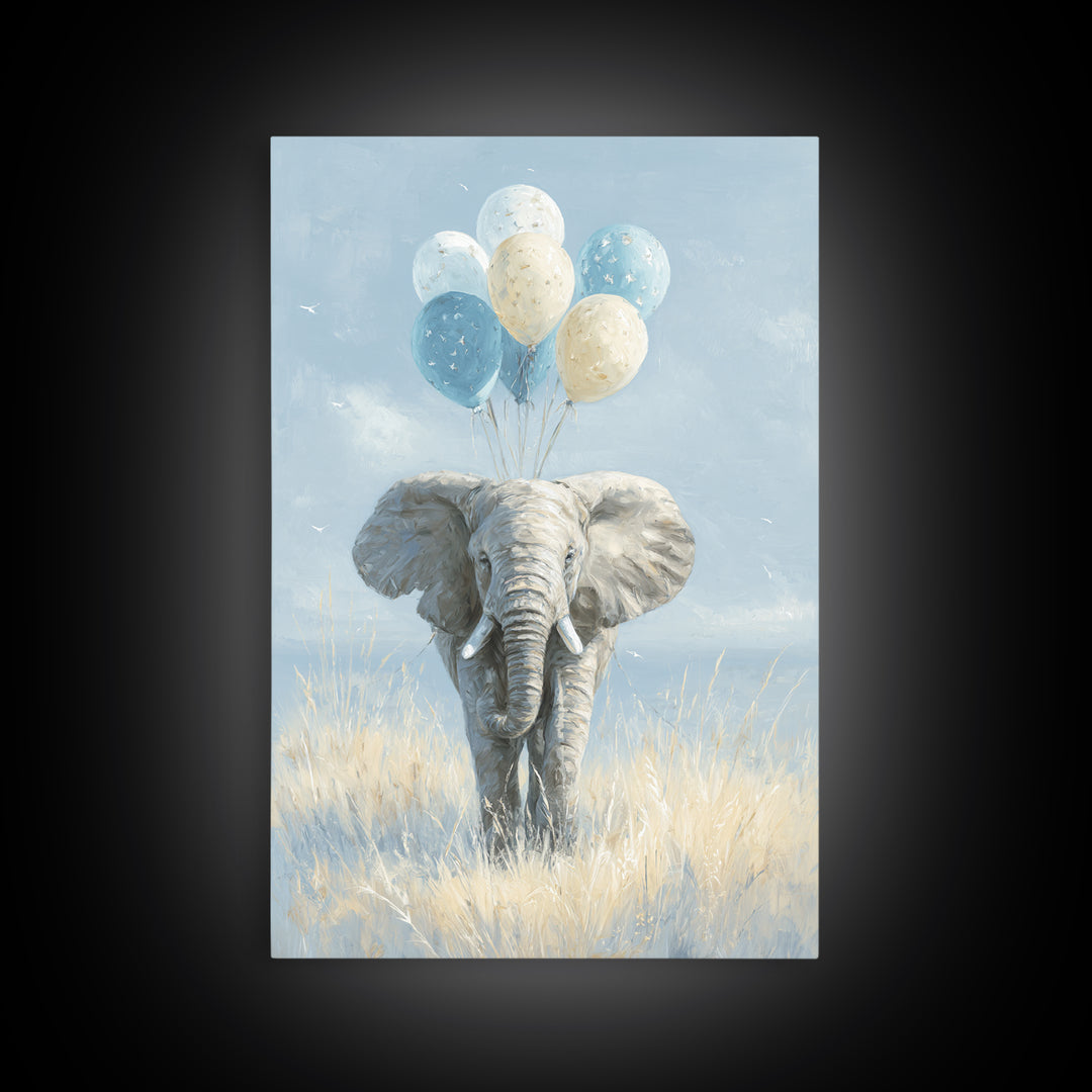 Elephant Holding Balloons Framed Canvas Print, Whimsical Art, Whimsical, Living Room Decor, Oil Painting, Wonder, Nursery Art, WHI-2x3-59