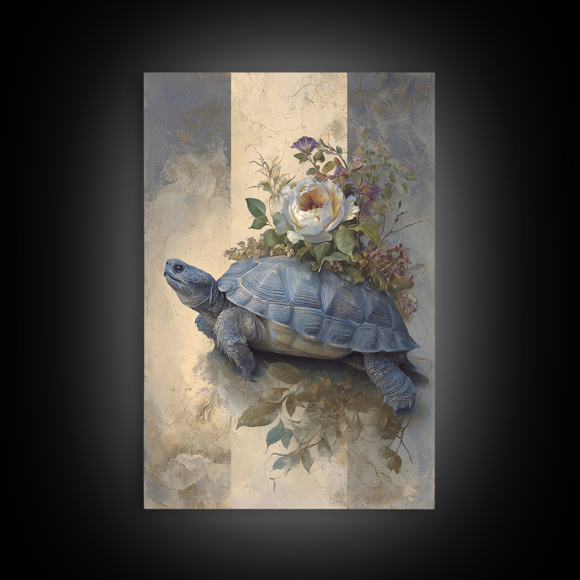 Turtle with Garden Growing on Shell Framed Canvas Print, Whimsical Art, Minimalist Decor, Living Room Decor, Oil Painting, WHI-2x3-6