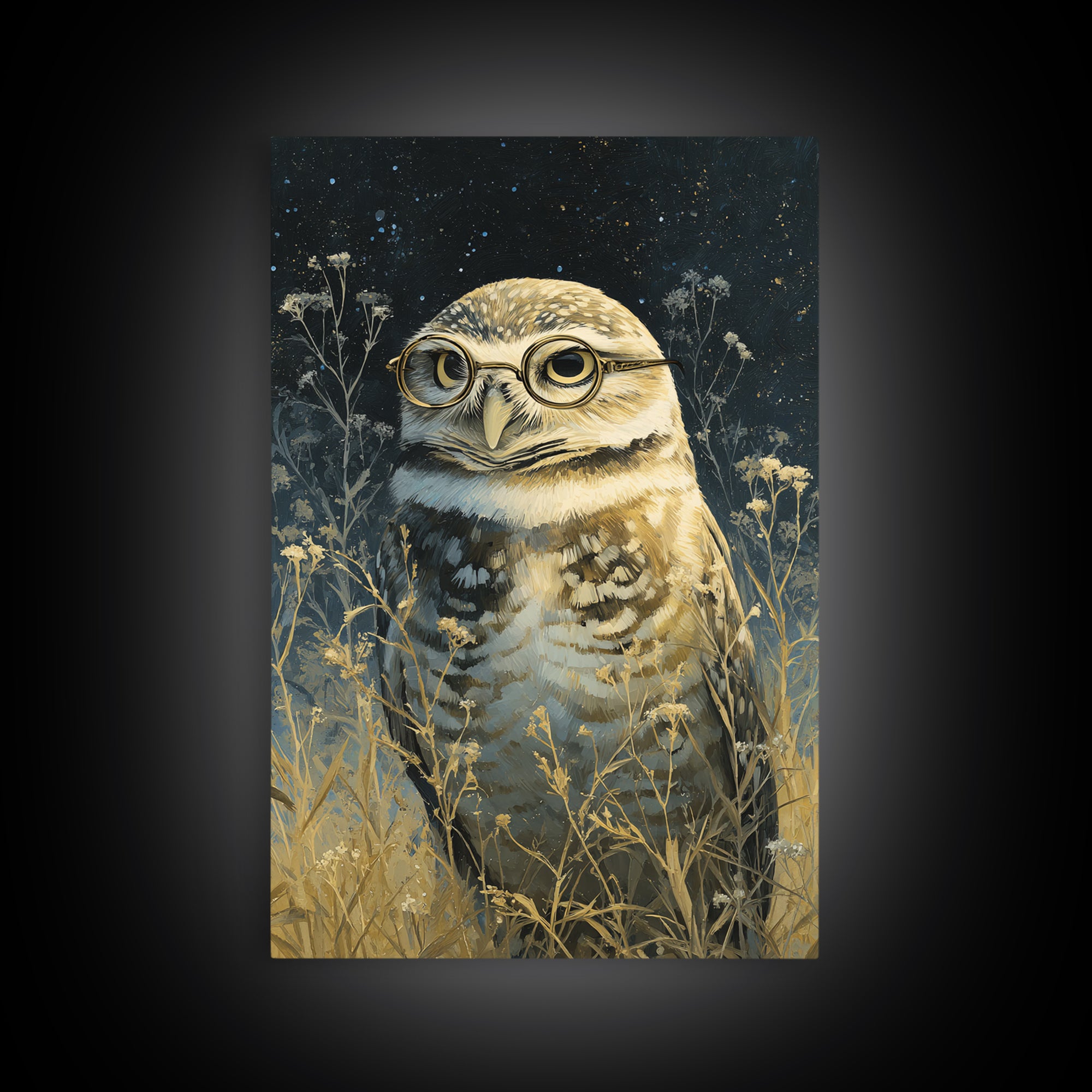 Owl Wearing Spectacles Among Stars Canvas Print, Whimsical Art, Art Nouveau, Living Room Decor, Abstract Art, Wonder, WHI-2x3-62