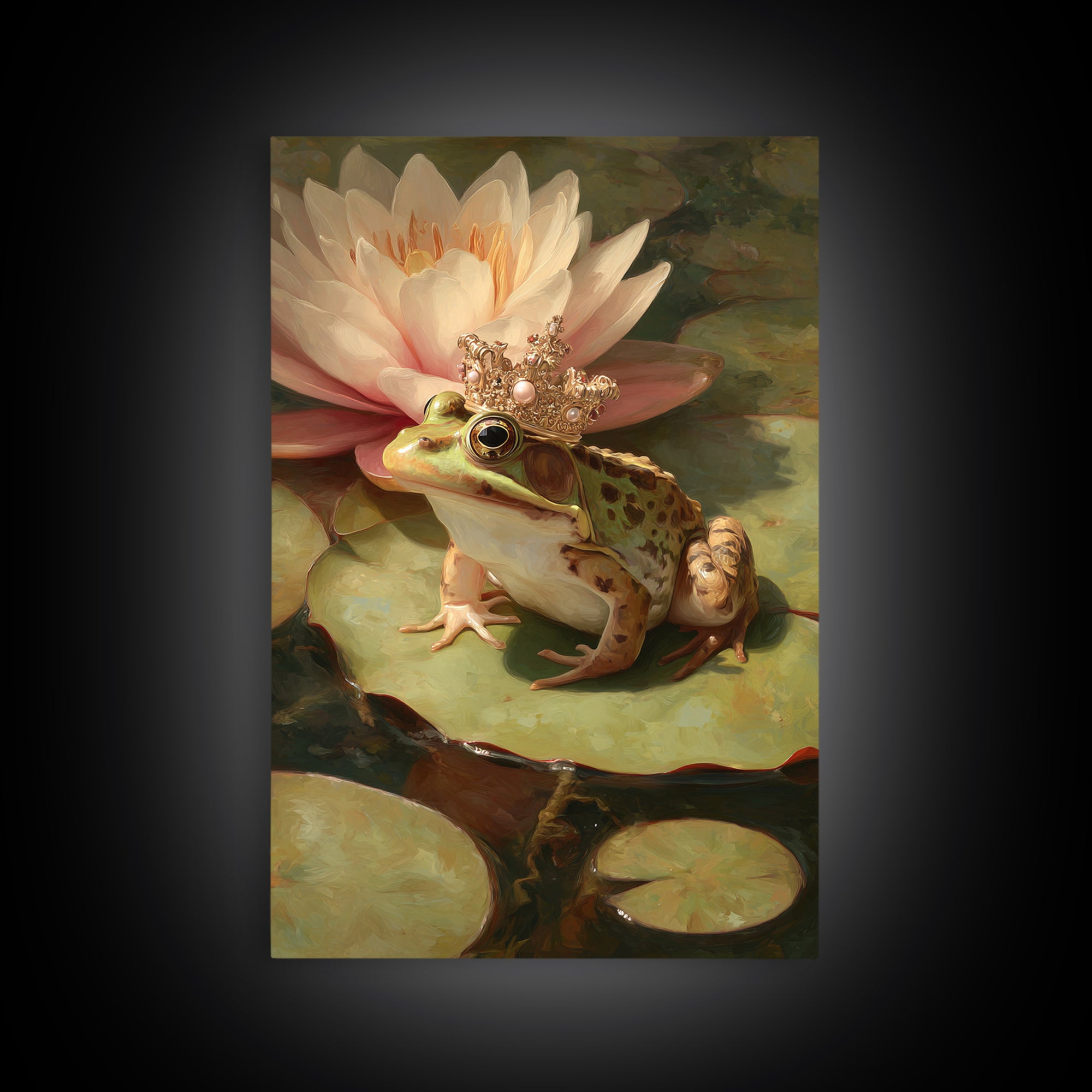 Frog Prince on a Lily Pad Framed Canvas Print, Whimsical Art, Digital Art, Living Room Decor, Fine Art, Wonder, Nursery, WHI-2x3-64