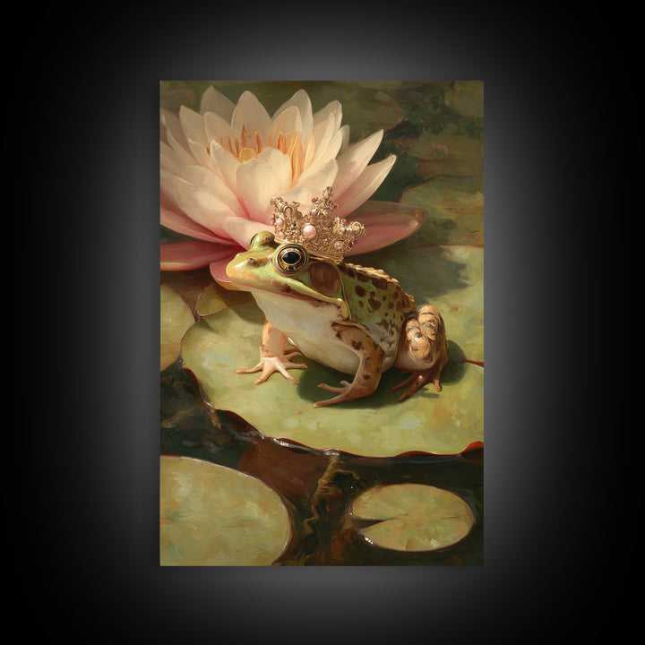 Frog Prince on a Lily Pad Framed Canvas Print, Whimsical Art, Digital Art, Living Room Decor, Fine Art, Wonder, Nursery, WHI-2x3-64