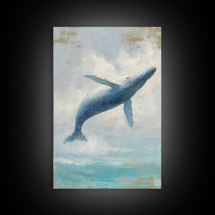 Whale Flying Through Clouds Like Ocean Framed Canvas Print, Whimsical Art, Living Room Decor, Fine Art, Wonder, Gallery Decor, WHI-2x3-69