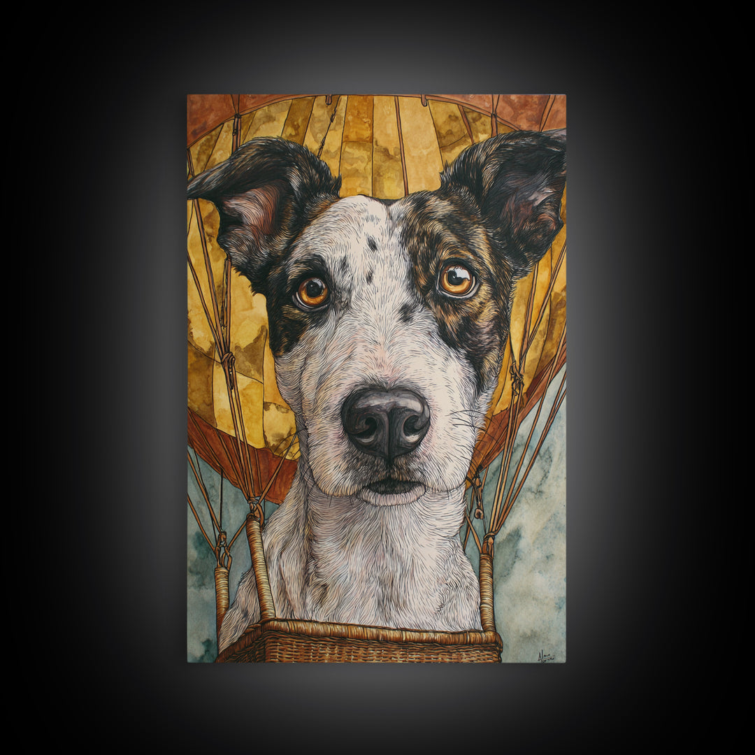 Dog in a Hot Air Balloon Canvas Print, Whimsical Art, Oil Painting, Living Room Decor, Fine Art, Wonder, Dark Academia Decor, WHI-2x3-70