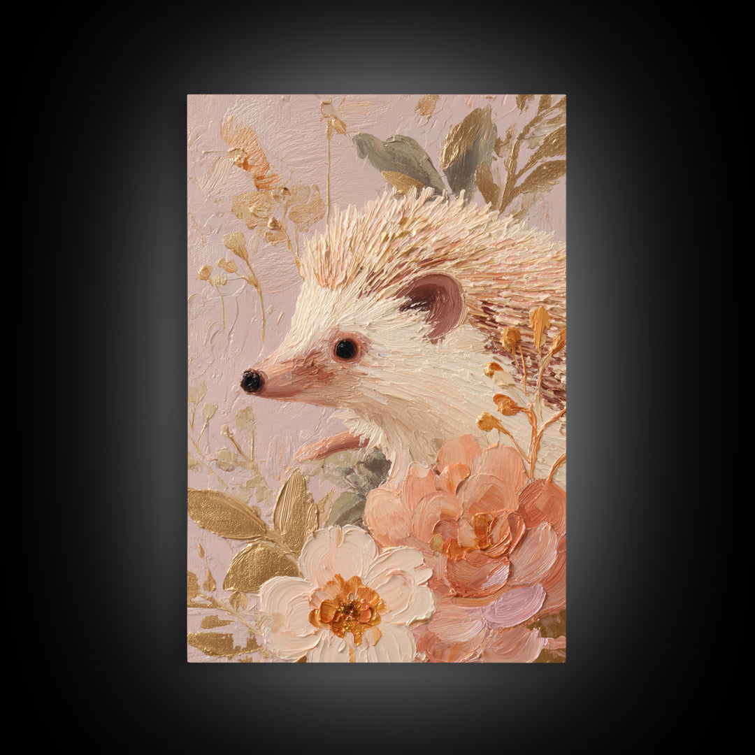 Hedgehog Carrying Wildflowers Canvas Print, Whimsical Art, Nursery, Living Room Decor, Oil Painting, Wonder, Watercolor Art, WHI-2x3-71