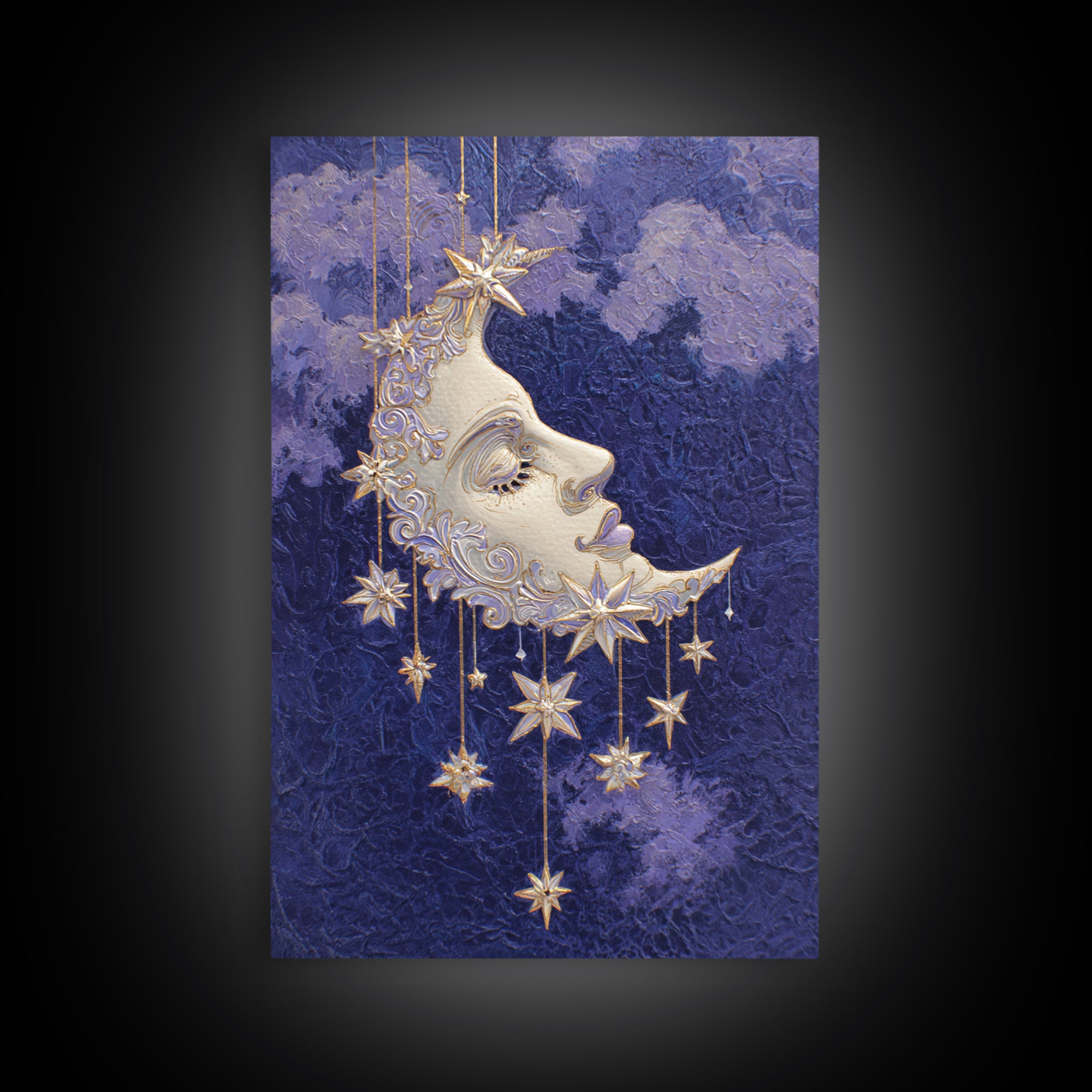Moon with Sleeping Face and Dangling Stars Canvas Print, Whimsical Art, Printable Wall Art, Living Room Decor, Fine Art, Wonder, WHI-2x3-72