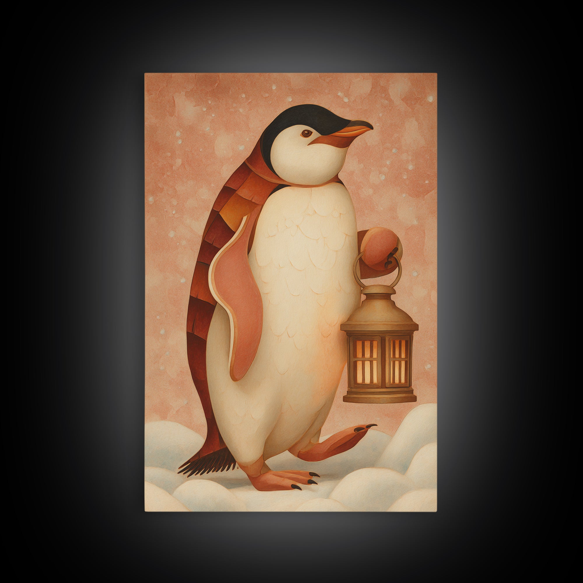 Penguin Holding a Lantern Framed Canvas Print, Whimsical Art, Abstract Wall Art, Living Room Decor, Fine Art, Wonder, WHI-2x3-73