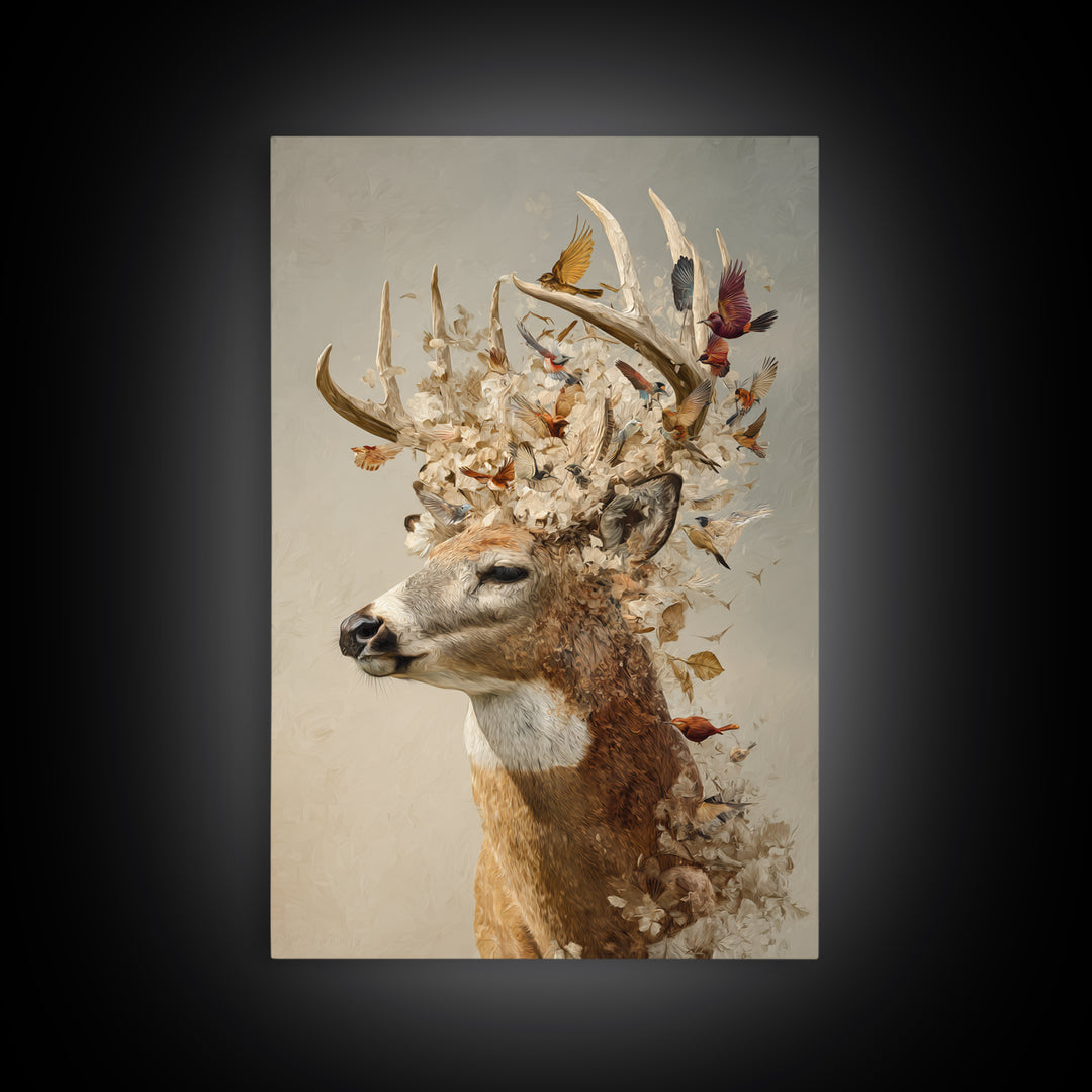 Deer with Antlers Full of Birds Framed Canvas Print, Whimsical Art, Living Room Decor, Fine Art, Wonder, Gallery Decor, WHI-2x3-75
