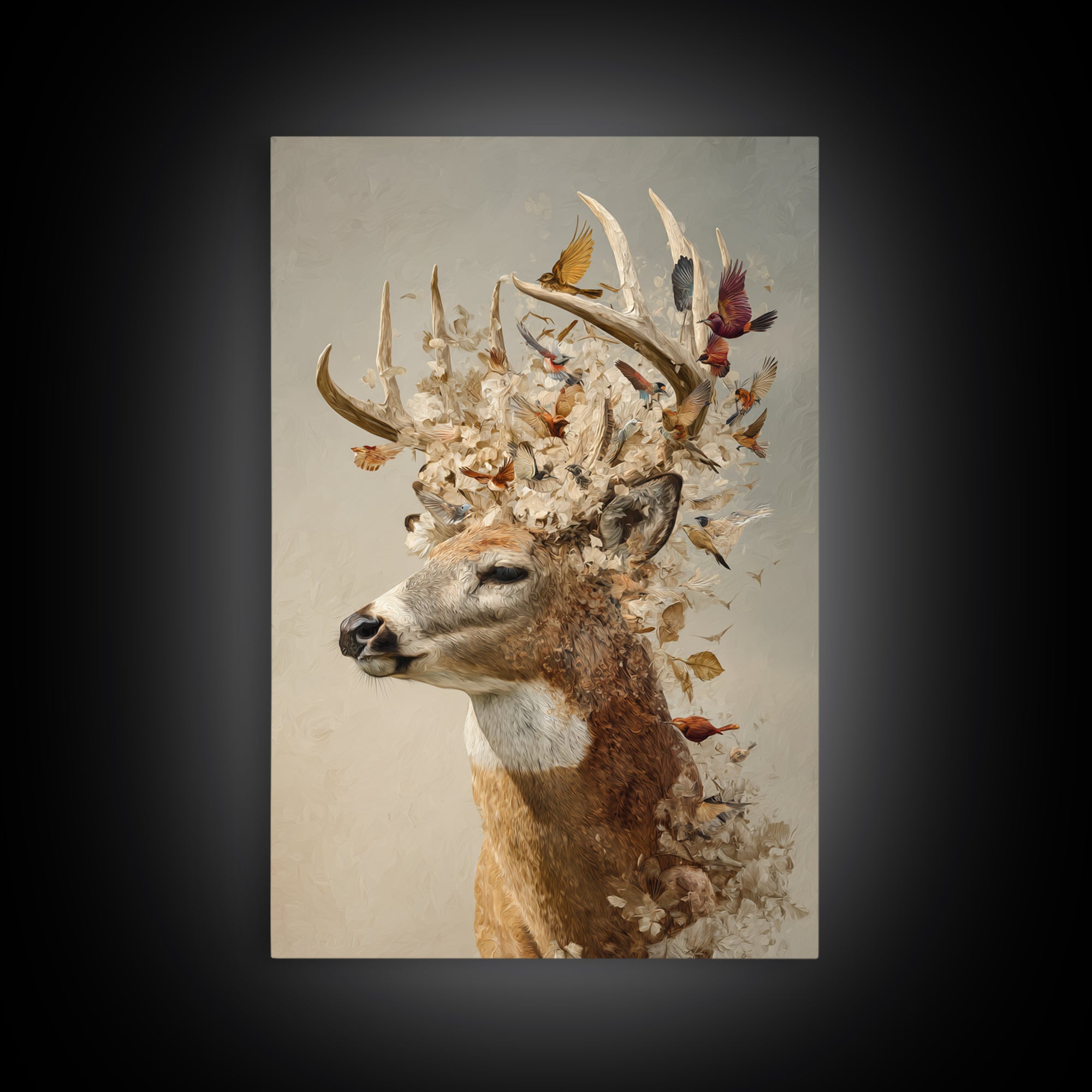 Deer with Antlers Full of Birds Framed Canvas Print, Whimsical Art, Living Room Decor, Fine Art, Wonder, Gallery Decor, WHI-2x3-75
