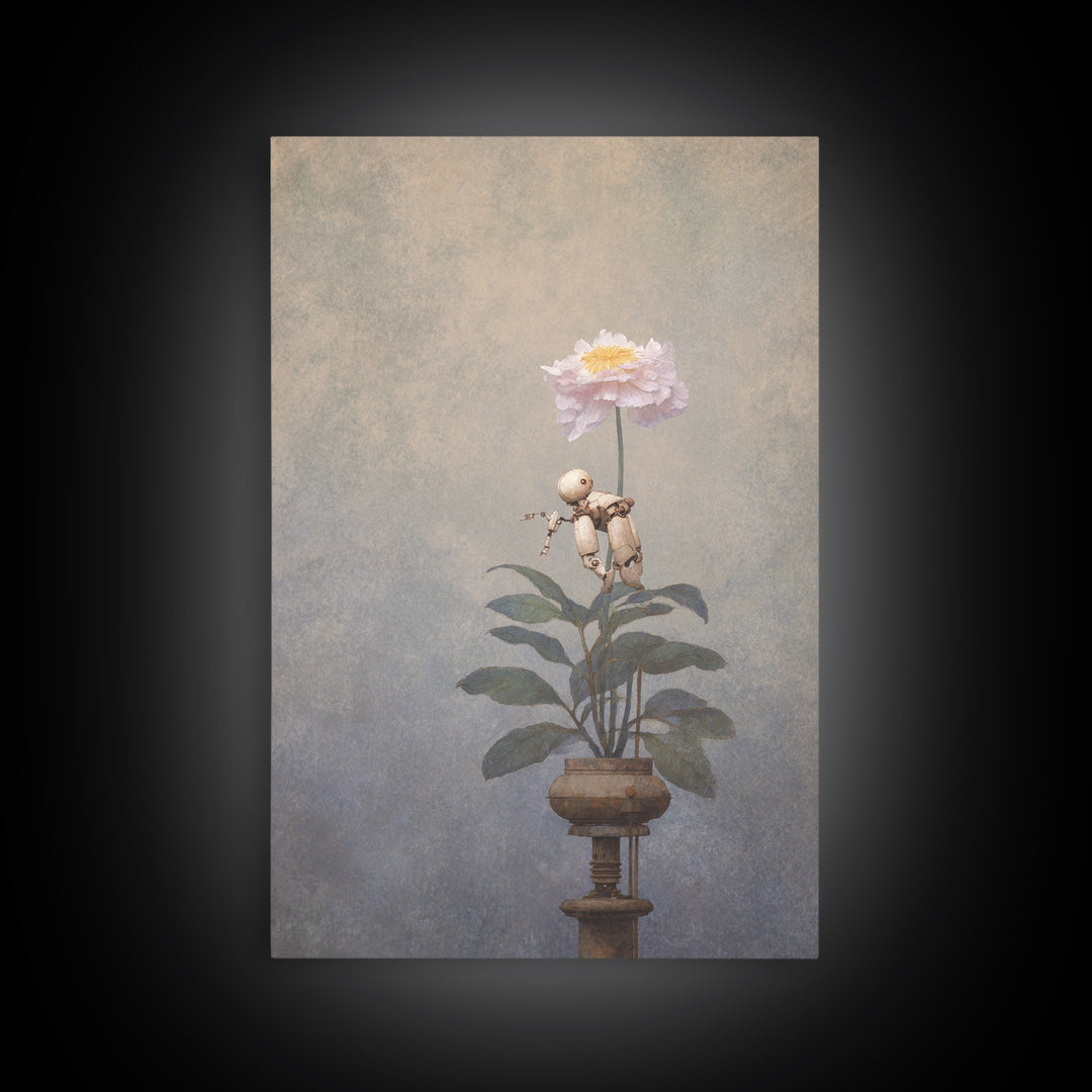 Robot Watering a Single Flower Canvas Print, Whimsical Art, Dark Academia Decor, Living Room Decor, Fine Art, Wonder, WHI-2x3-77