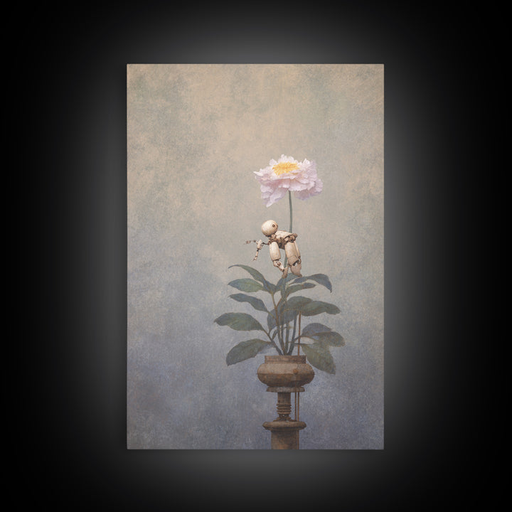 Robot Watering a Single Flower Canvas Print, Whimsical Art, Dark Academia Decor, Living Room Decor, Fine Art, Wonder, WHI-2x3-77