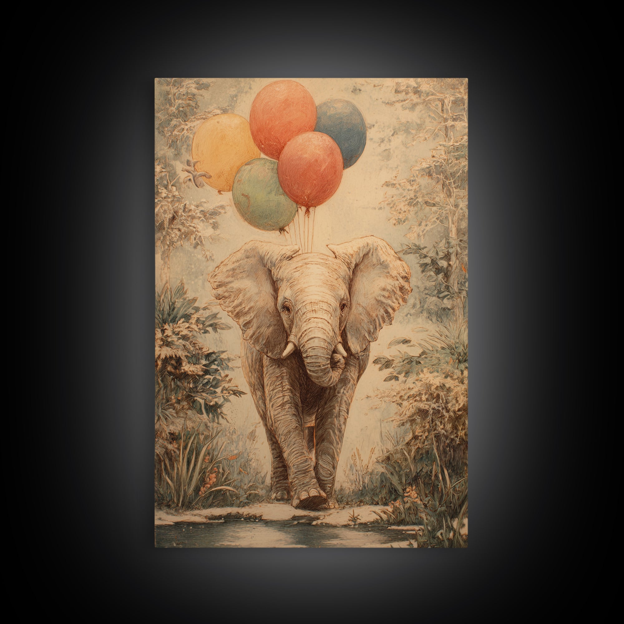 Elephant Holding Balloons Framed Canvas Print, Whimsical Art, Bird Art, Living Room Decor, Abstract Art, Wonder, WHI-2x3-83