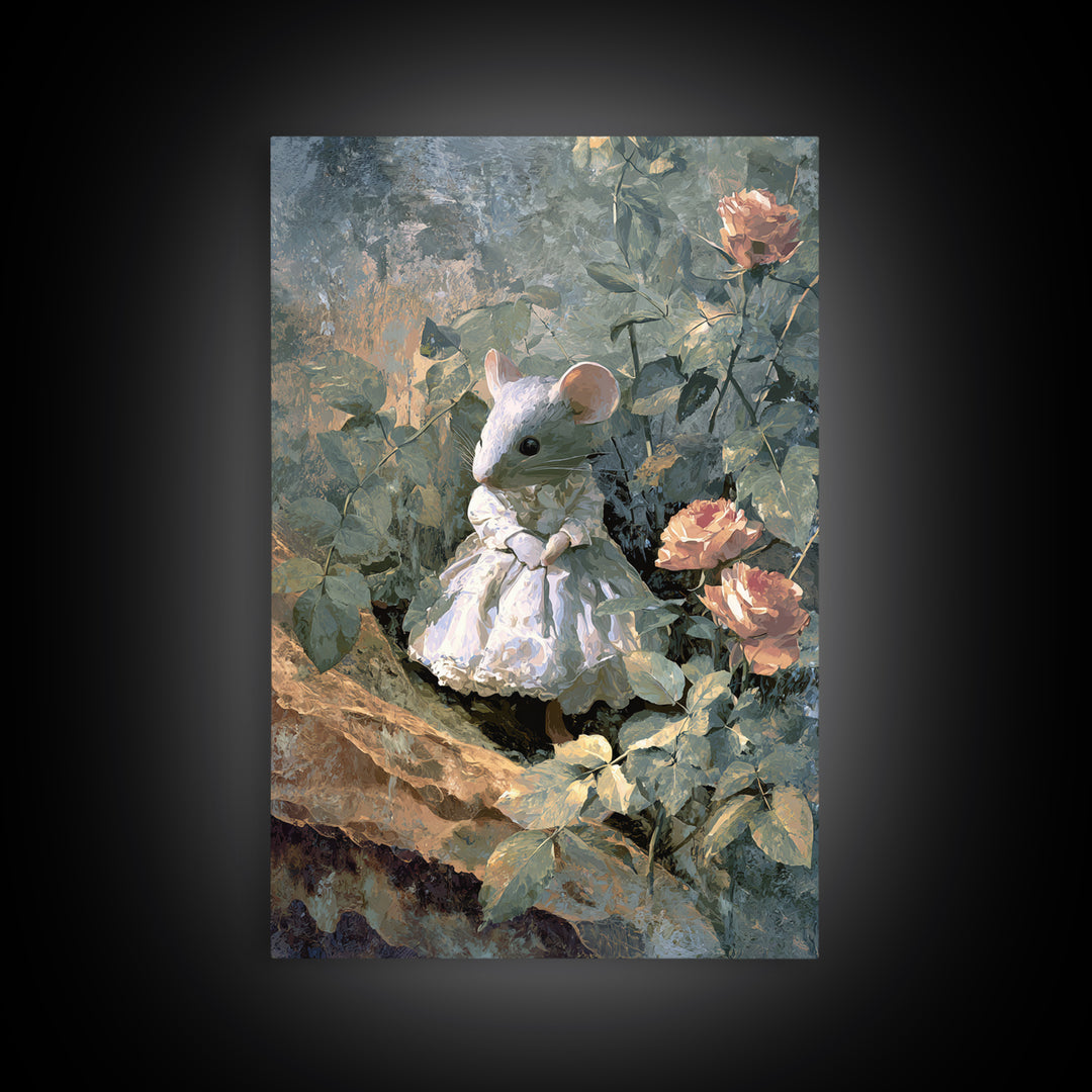 Mouse Ballerina in a Rose Garden Canvas Print, Whimsical Art, Cat Art, Living Room Decor, Watercolor Art, Wonder, WHI-2x3-91