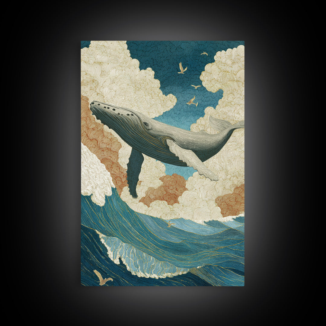 Whale Flying Through Clouds Like Ocean Framed Canvas Print, Whimsical Art, Living Room Decor, Fine Art, Wonder, Gallery Decor, WHI-2x3-93