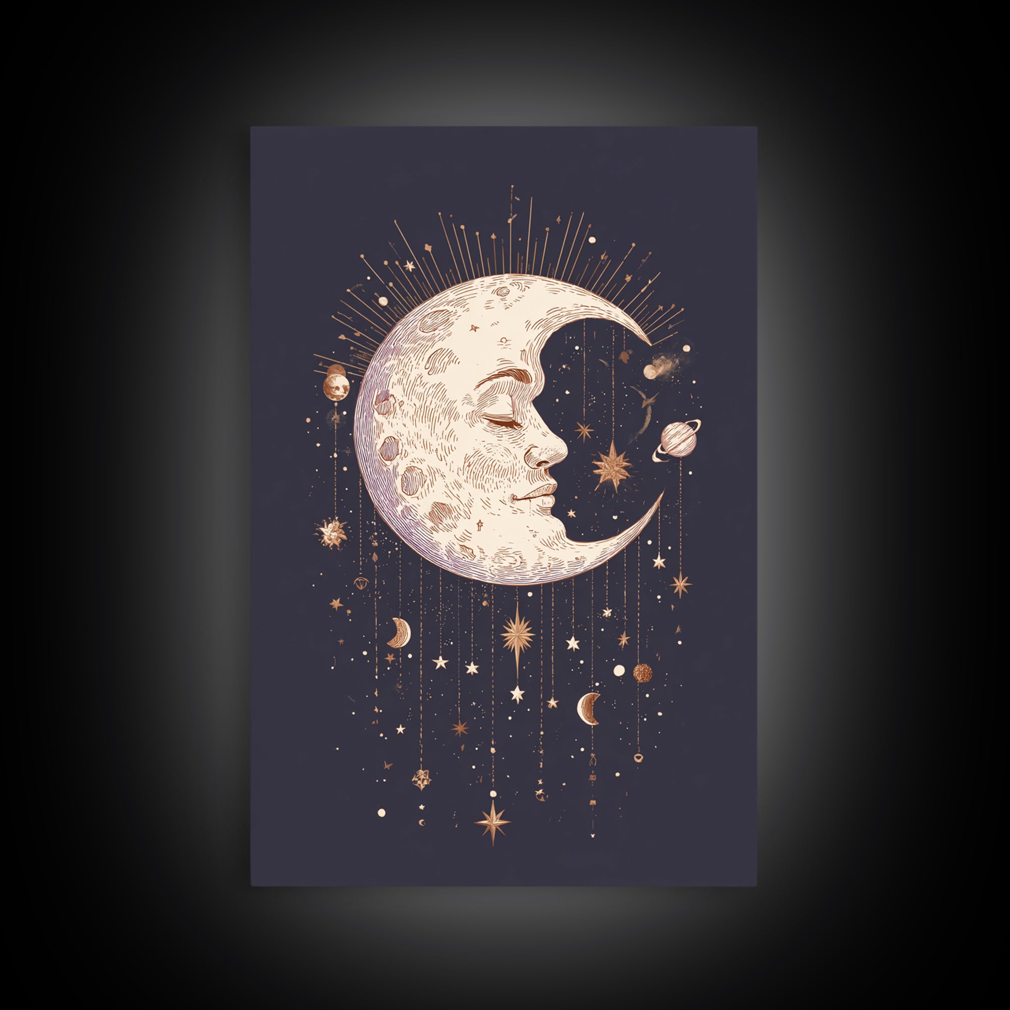 Moon with Sleeping Face and Dangling Stars Canvas Print, Whimsical Art, Living Room Decor, Fine Art, Wonder, Gallery Decor, WHI-2x3-96