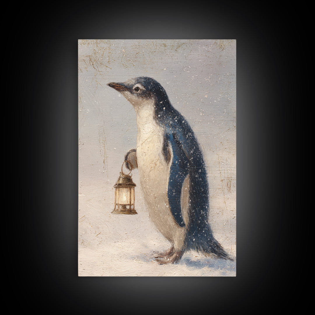 Penguin Holding a Lantern Framed Canvas Print, Whimsical Art, Abstract Wall Art, Living Room Decor, Fine Art, Wonder, WHI-2x3-97