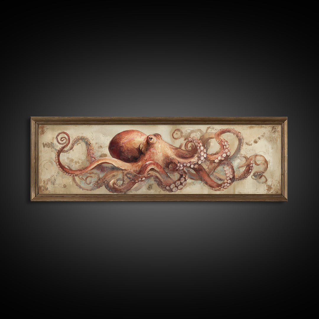 Octopus Conductor with Tiny Instruments Framed Canvas Print, Whimsical Art, Pet Portrait, Living Room Decor, Fine Art, Wonder, WHI-3x1-10