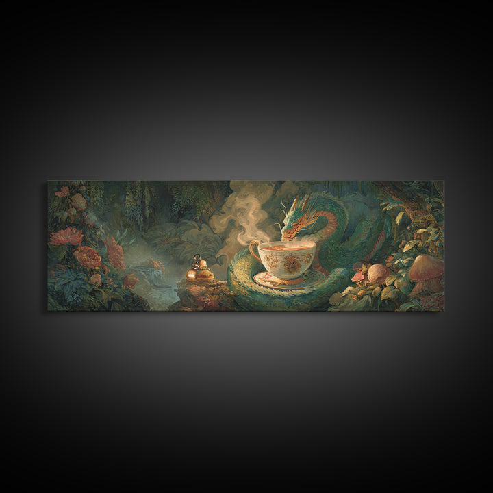 Dragon Curled Around a Teacup Canvas Print, Whimsical Art, Dark Academia Decor, Living Room Decor, Wonder, Modern Decor, WHI-3x1-16